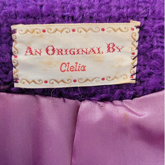 Vintage 70s Clelia Purple Boucle Wood Button Jacket Midi Straight Skirt Set Suit - Picture 6 of 17